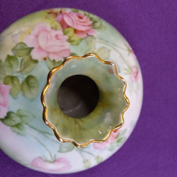 Vintage Vienna Austria Squat Vase Decorated Pink Roses Cottagecore Kitsch Grandm - Picture 5 of 7